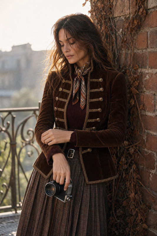 Giacca militare in velluto marrone – look indossato