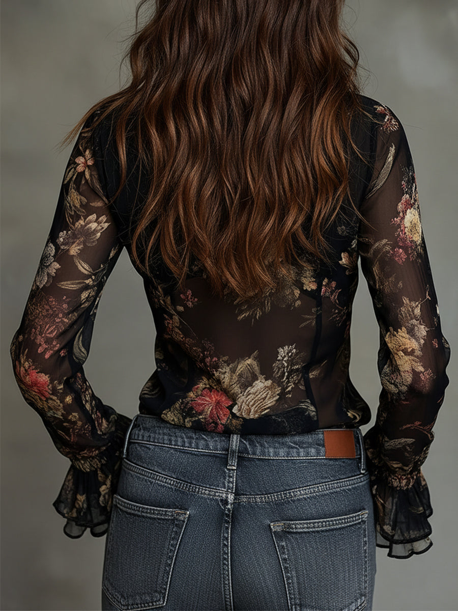 Camicetta in chiffon nera con volant – dettaglio