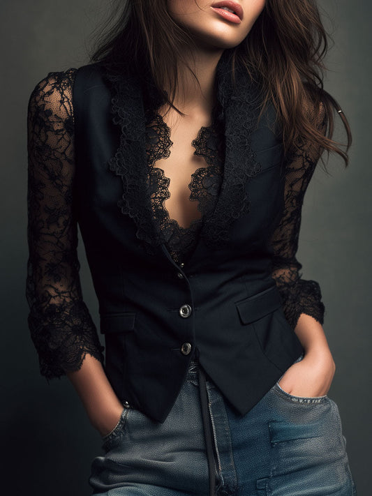 Blazer top nero con maniche in pizzo – vista frontale