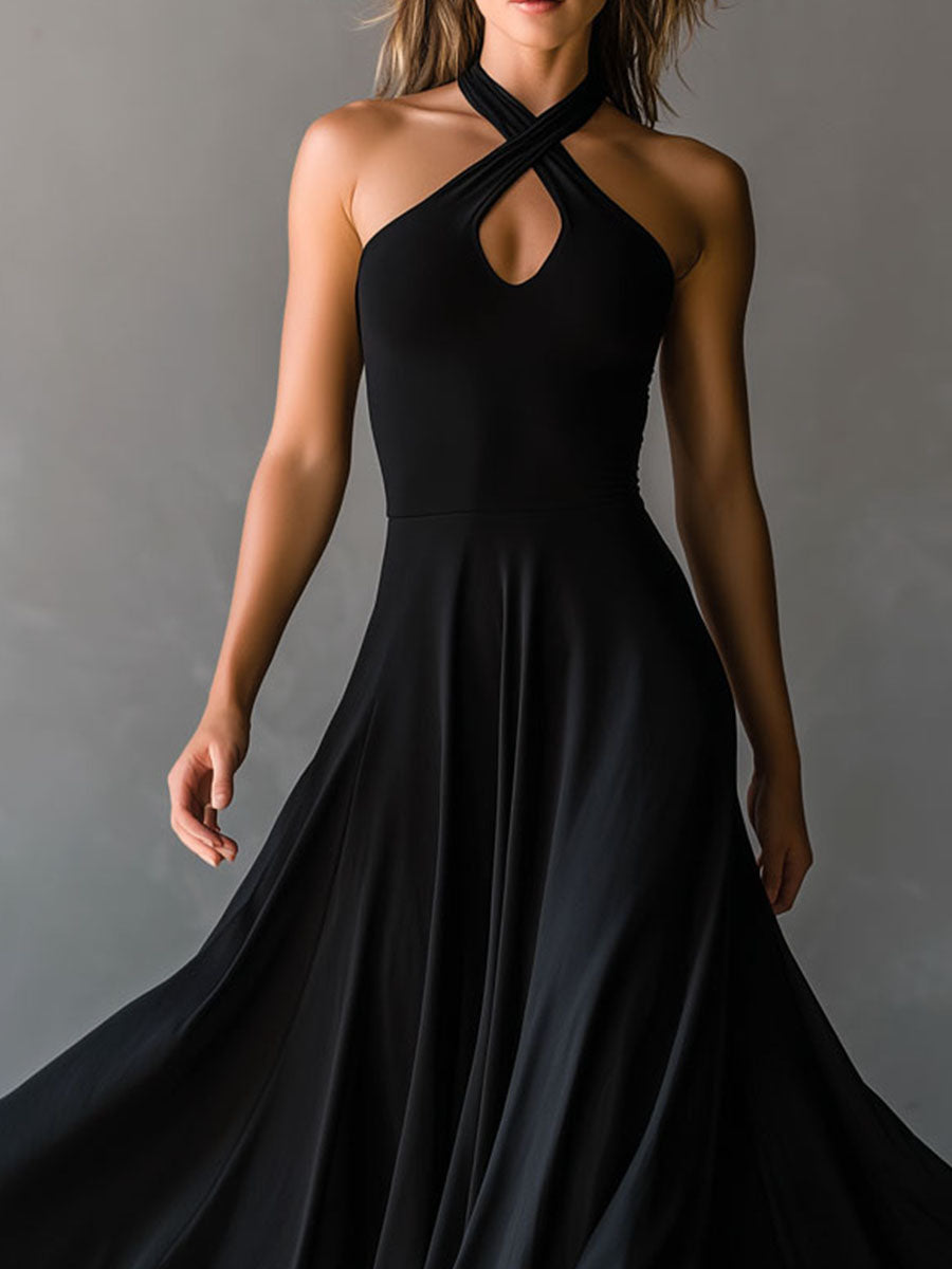 Vestito midi nero halter – dettaglio del tessuto