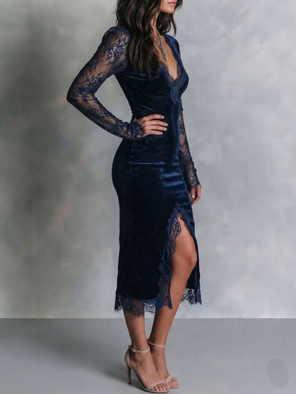 Abito midi blu navy in velluto con pizzo – dettaglio 5