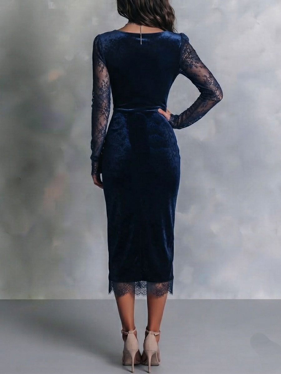 Abito midi blu navy in velluto con pizzo – dettaglio 6
