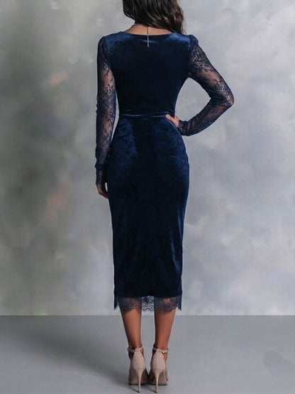 Abito midi blu navy in velluto con pizzo – dettaglio 6