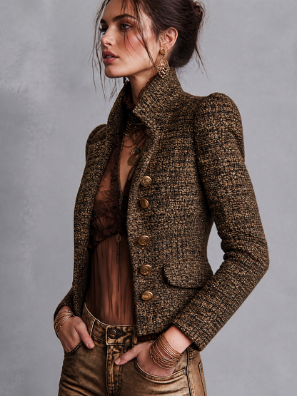 Blazer doppiopetto in tweed marrone – dettaglio 3