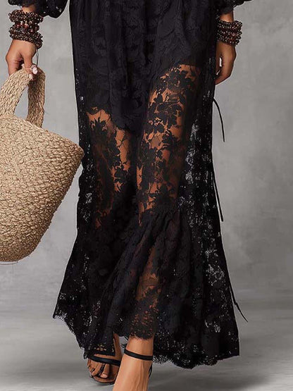 Abito lungo nero in pizzo con spalle scoperte – dettaglio 4