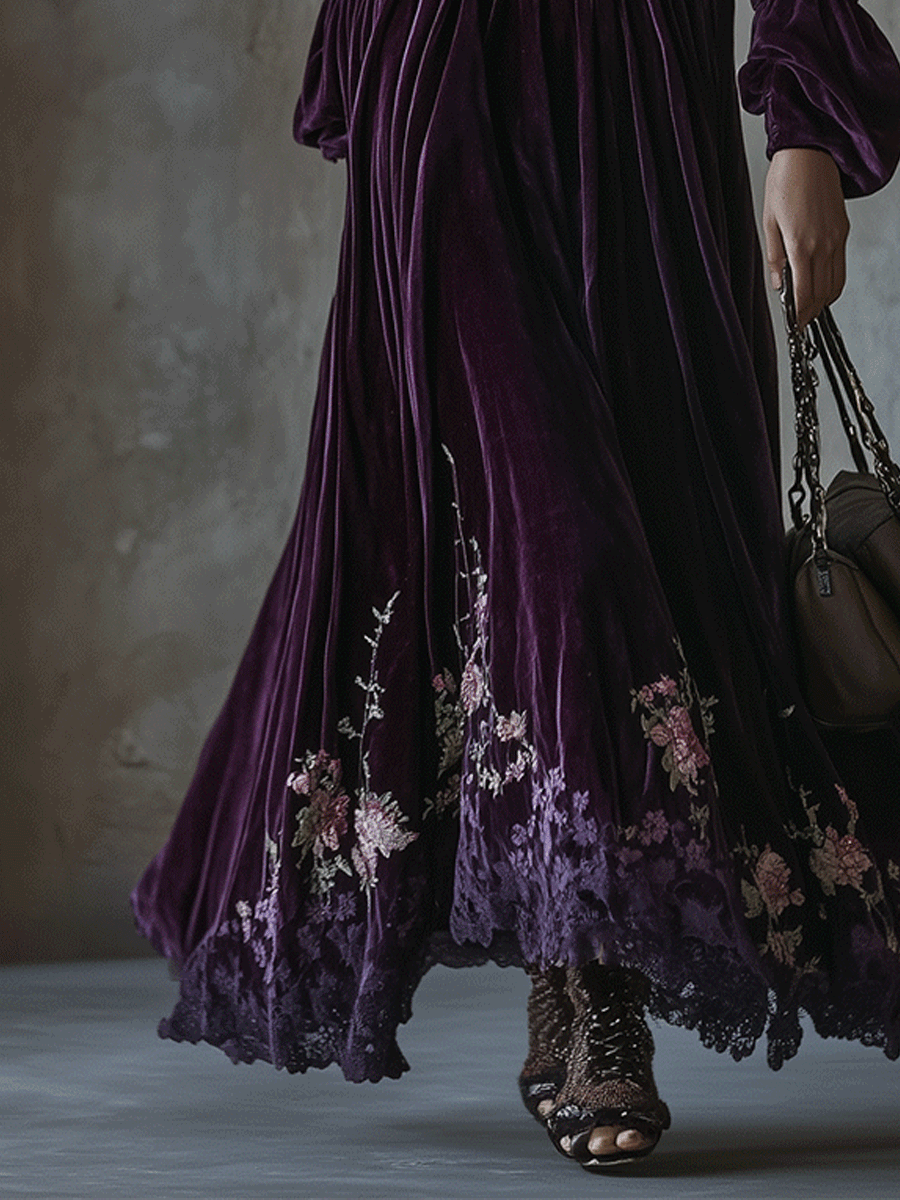 Vestito lungo viola in velluto ricamato – dettaglio 7
