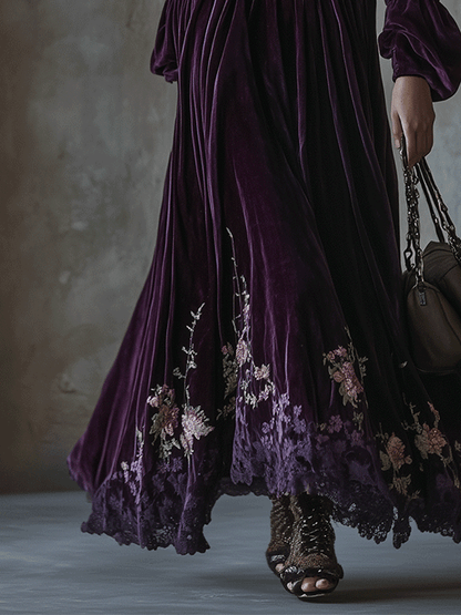 Vestito lungo viola in velluto ricamato – dettaglio 7