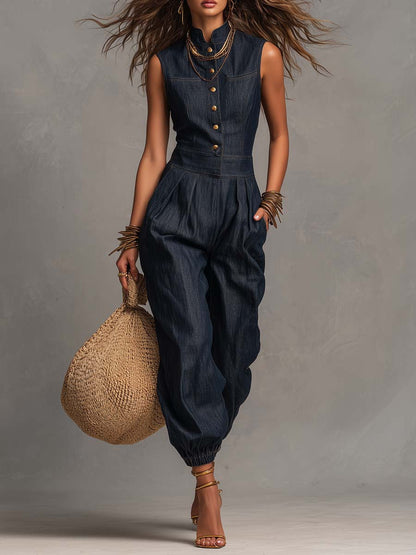 Jumpsuit retrò senza maniche in denim blu scuro – dettaglio 2