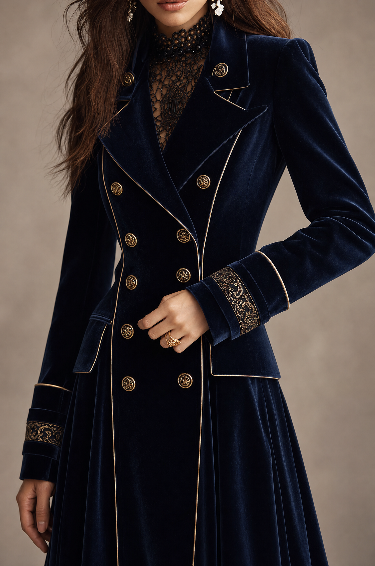 Cappotto lungo in velluto blu navy doppiopetto con profili oro – dettaglio 5