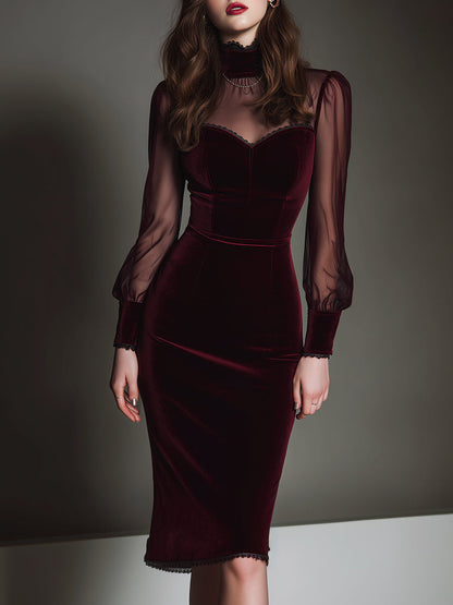 Vestito midi bordeaux in rete e velluto – vista frontale