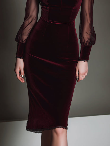 Vestito midi bordeaux in rete e velluto – dettaglio 5