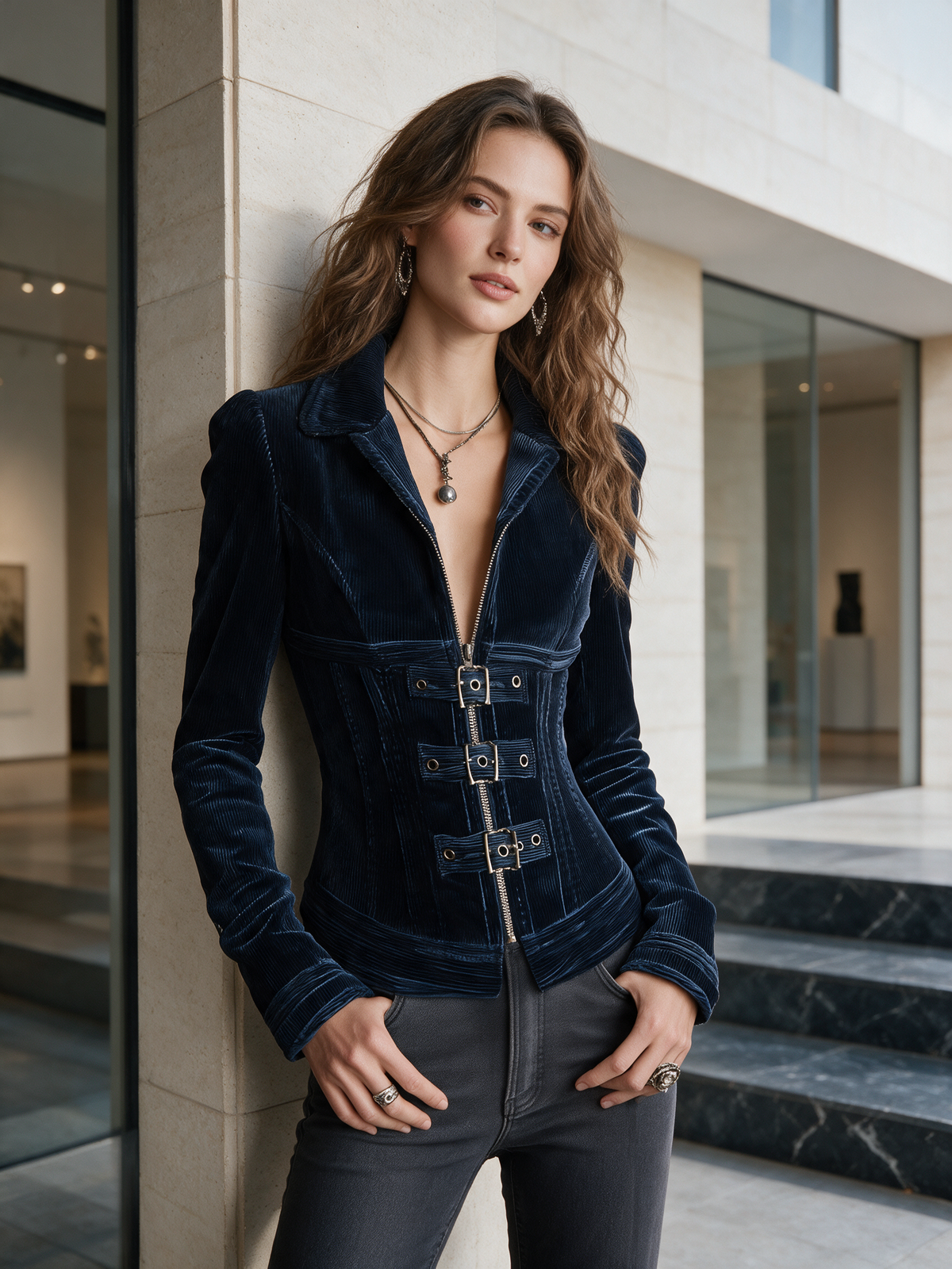 Giacca strutturata in velluto blu navy con fibbie – dettaglio 2