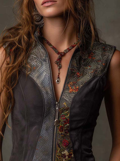 Gilet patchwork in ecocamoscio grigio scuro – dettaglio 5