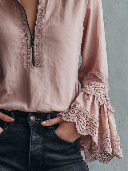 Blusa vintage rosa con polsini in pizzo – dettaglio 3