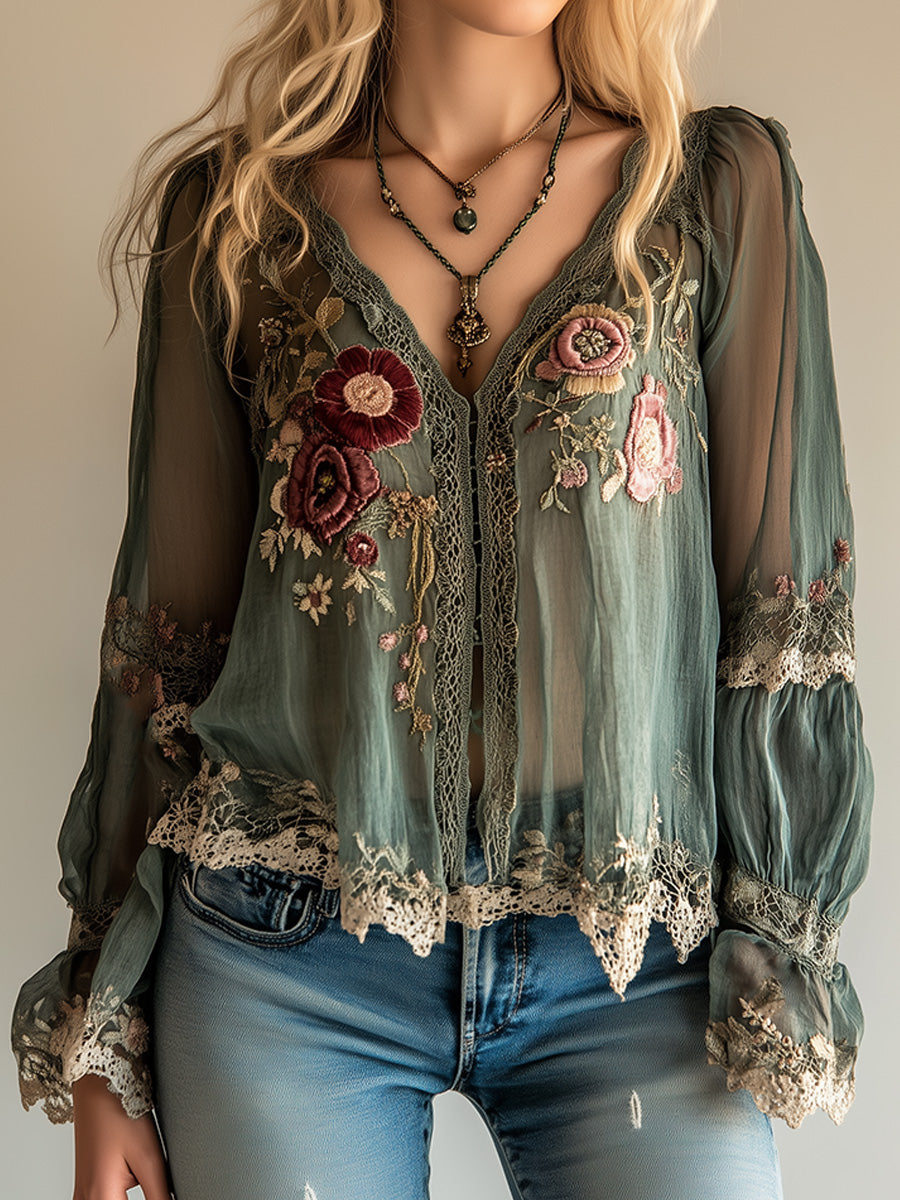 Camicia boho verde ricamata – vista frontale