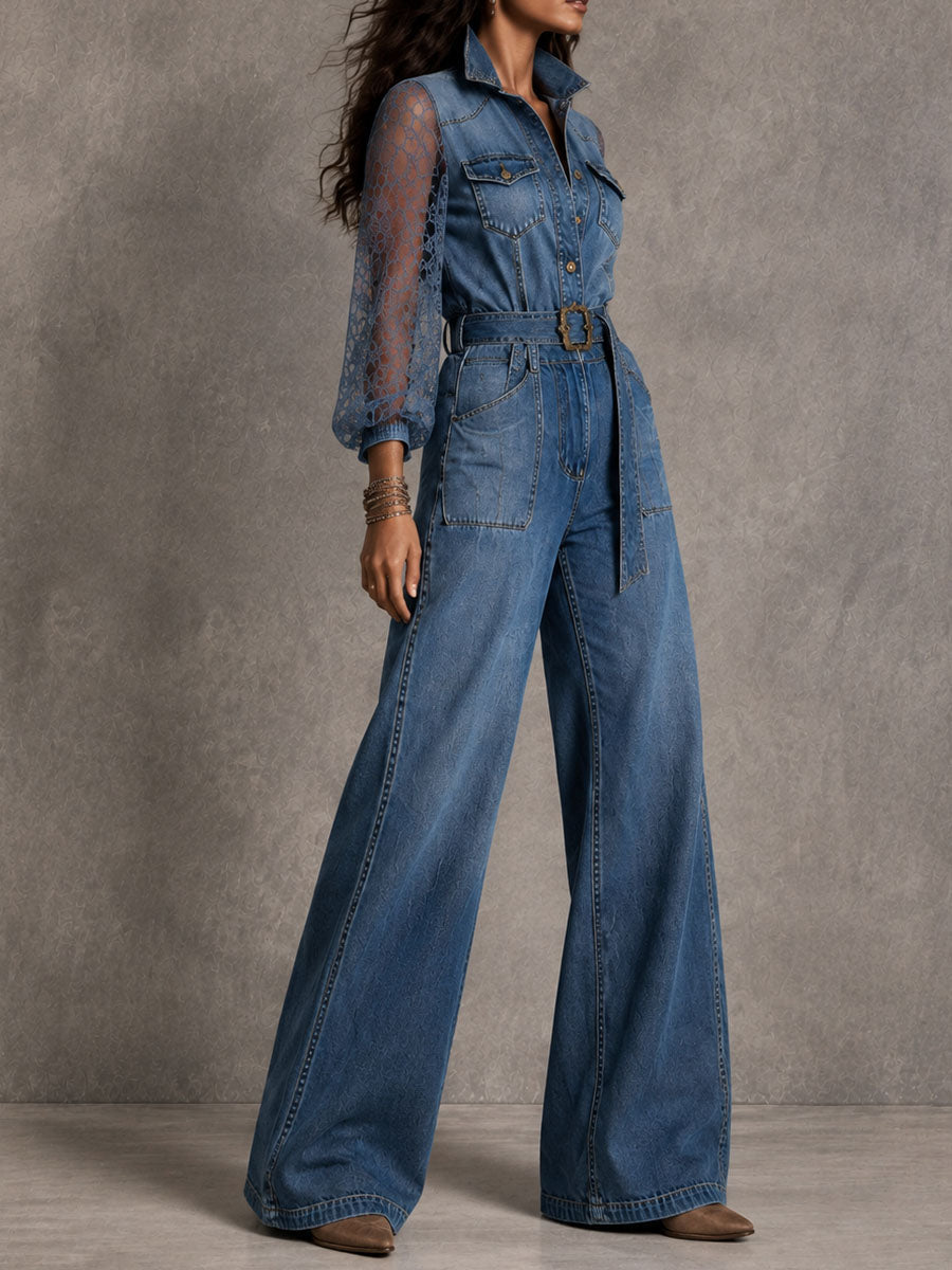 Tuta jumpsuit di jeans boho con pizzo – dettaglio 5