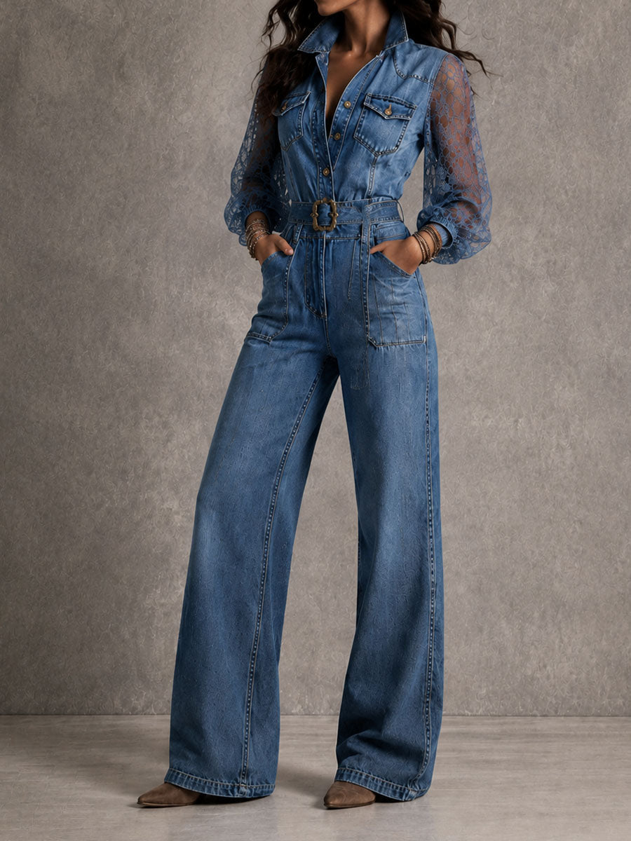 Tuta jumpsuit di jeans boho con pizzo – dettaglio 4