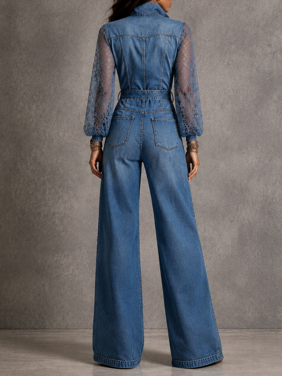Tuta jumpsuit di jeans boho con pizzo – dettaglio 6