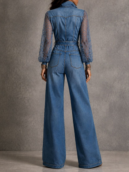Tuta jumpsuit di jeans boho con pizzo – dettaglio 6