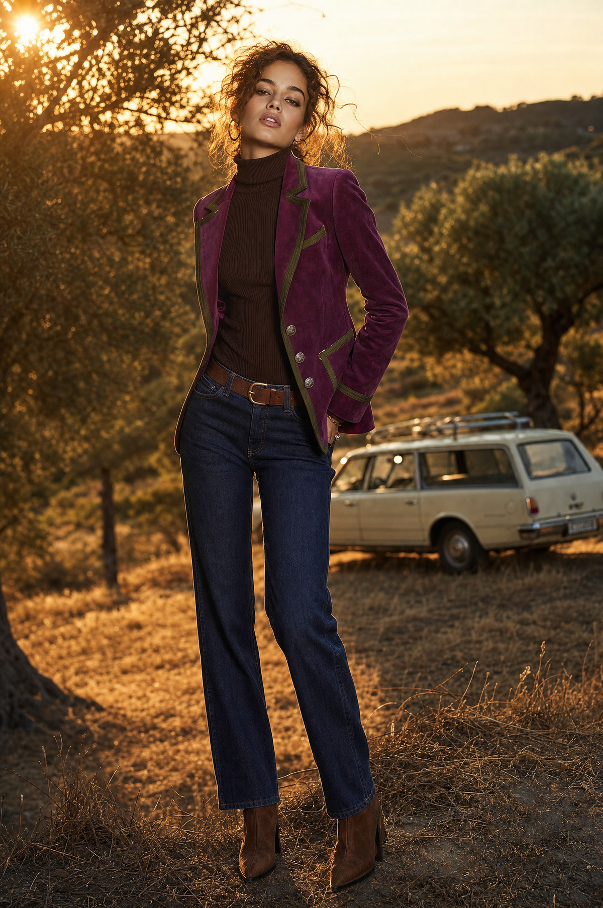 Blazer vintage aderente color prugna effetto camoscio con profili a contrasto – dettaglio 1