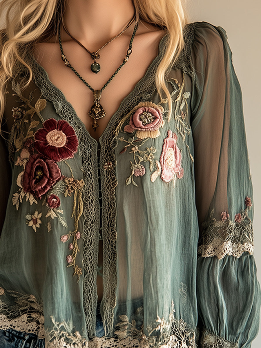 Camicia boho verde ricamata – dettaglio