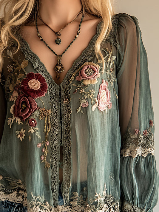Camicia boho verde ricamata – dettaglio
