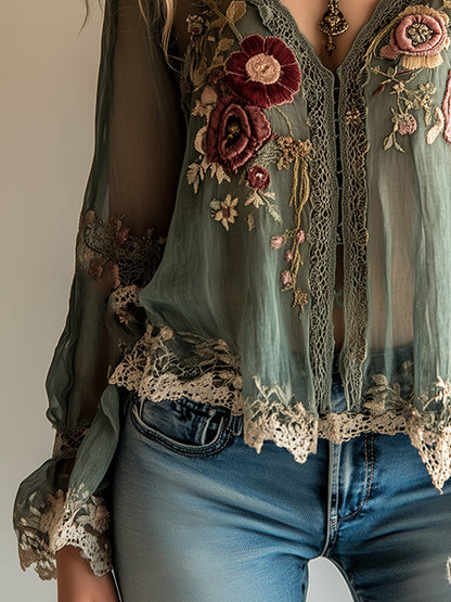Camicia boho verde ricamata – look completo