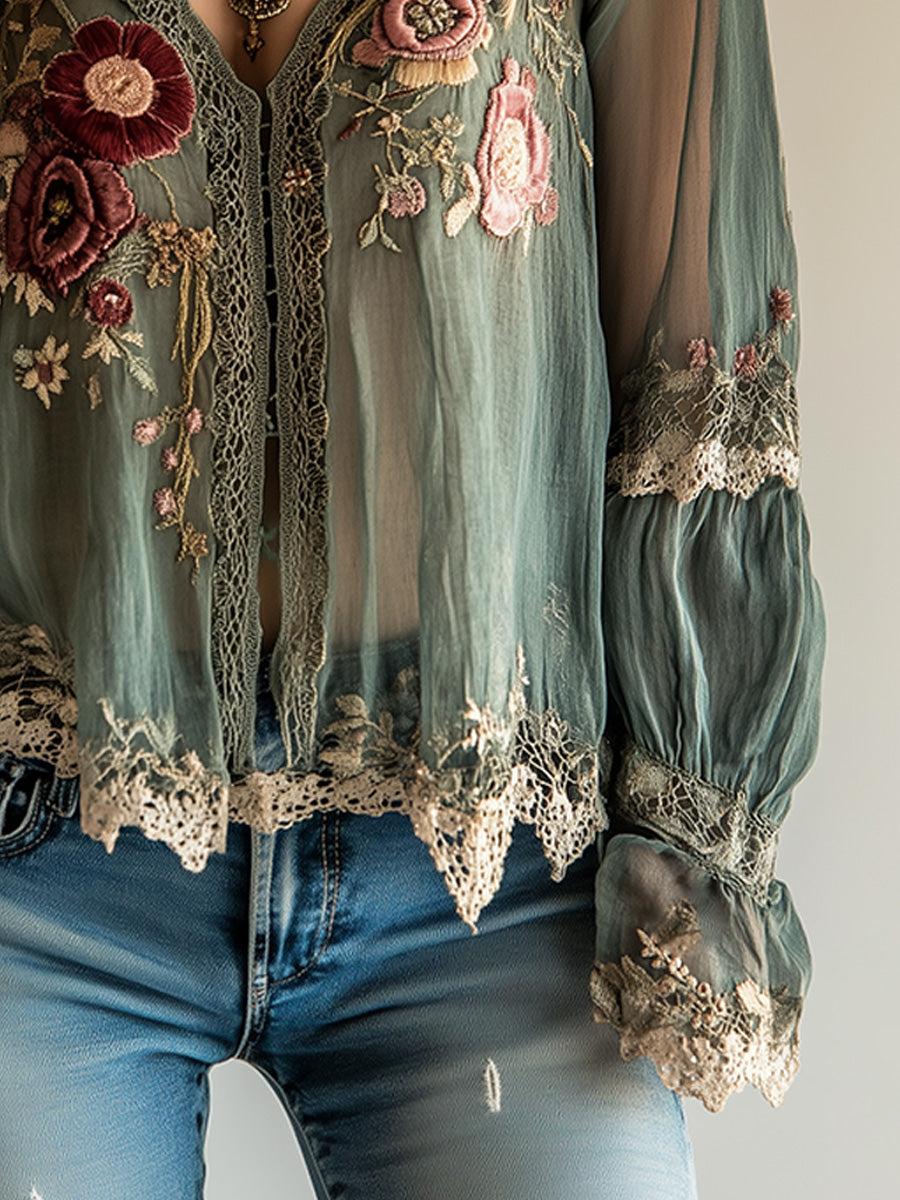 Camicia boho verde ricamata – vista posteriore