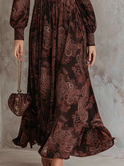 Abito midi marrone con stampa cachemire – dettaglio 4