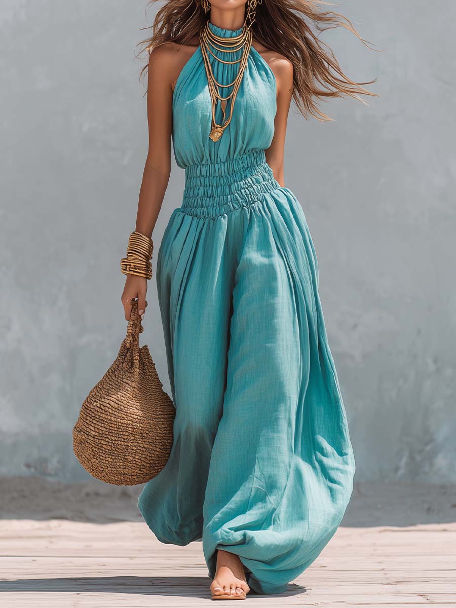 Tuta boho turchese a gamba a palloncino – vista frontale