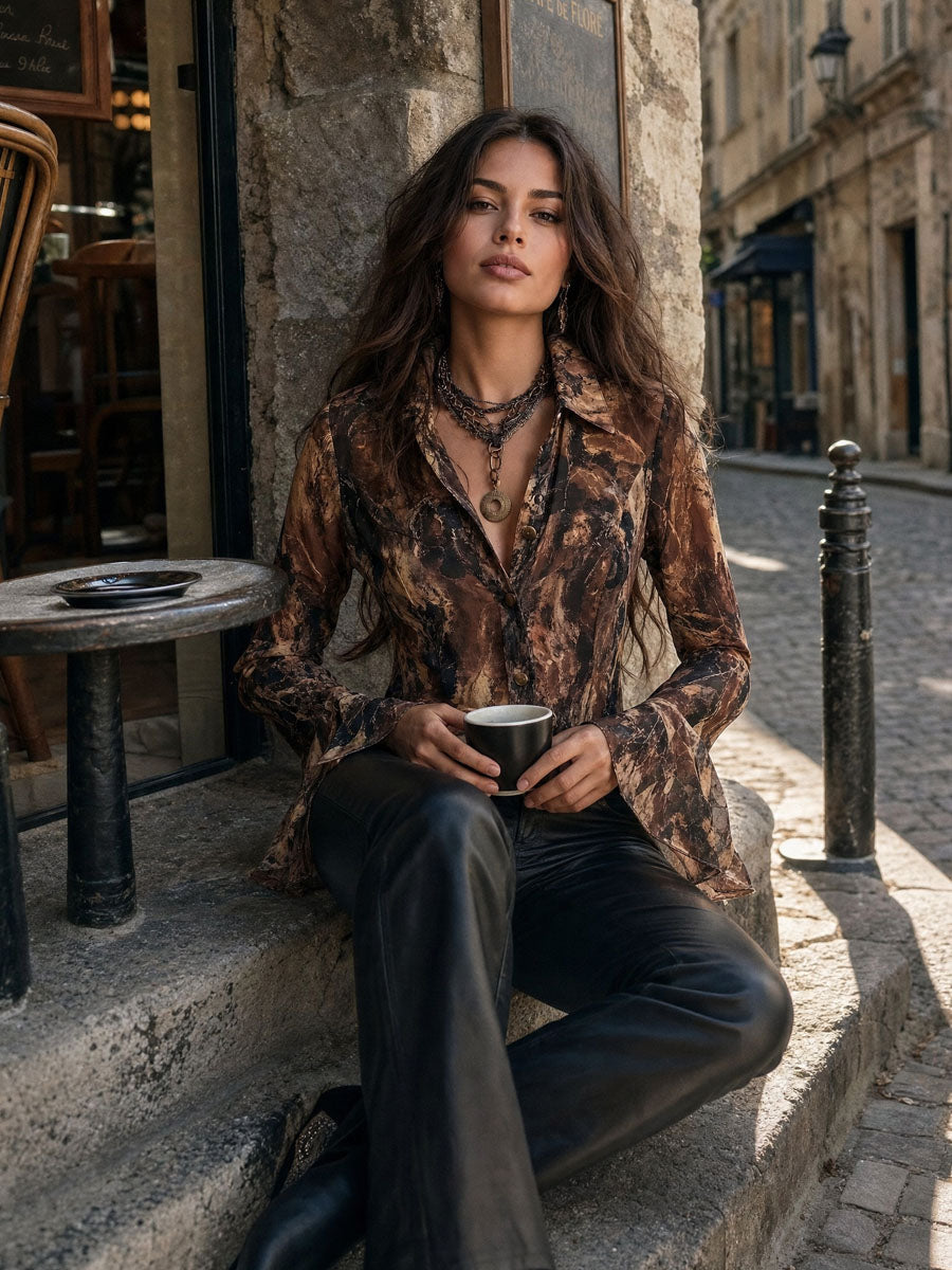 Blusa boho in chiffon toni terra – vista 2
