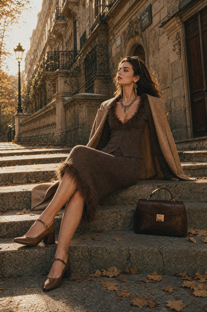 Completo marrone maglione con piume e gonna midi a sirena – dettaglio 2