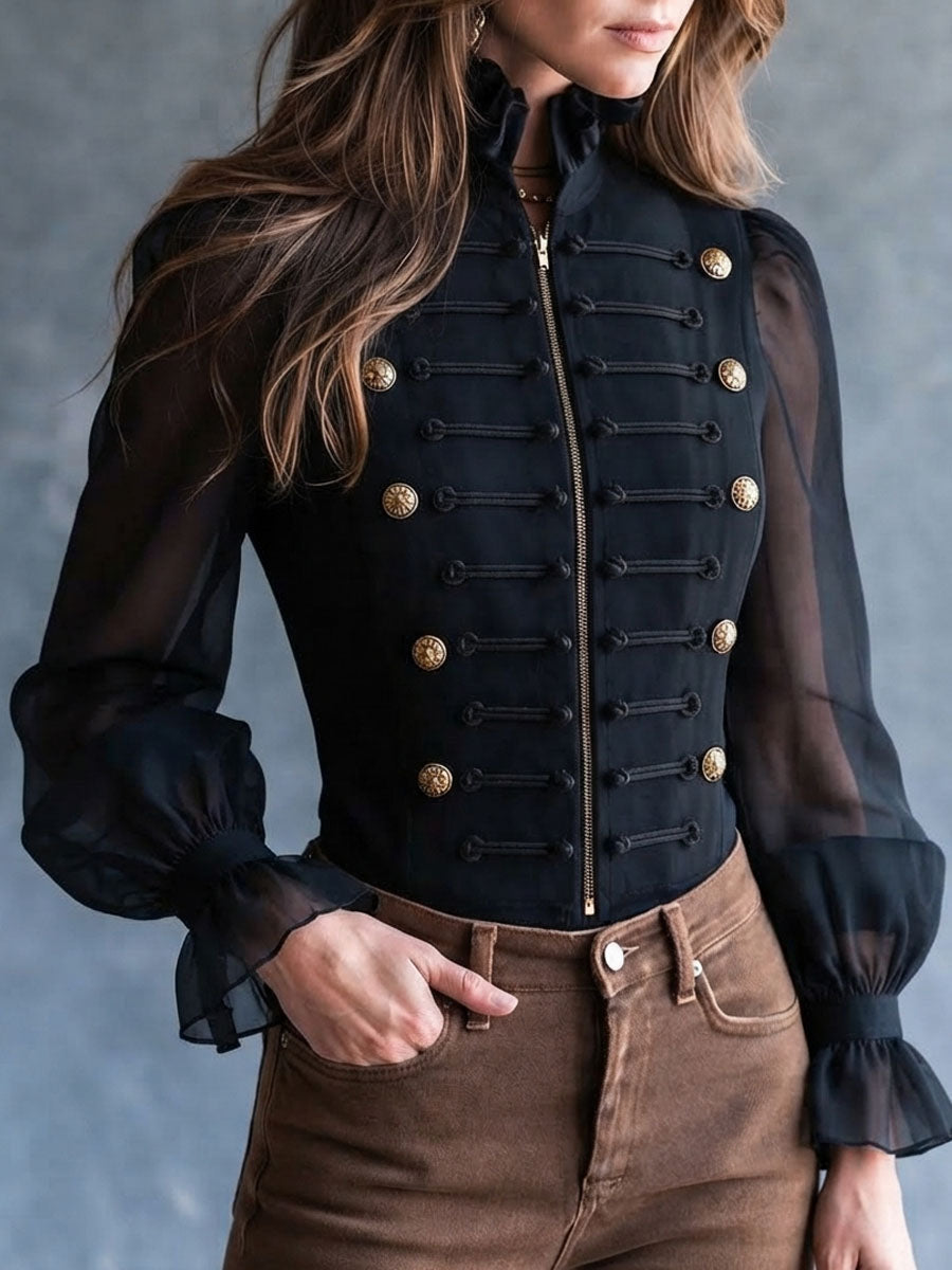 Camicia corta retrò nera con volant – dettaglio 2