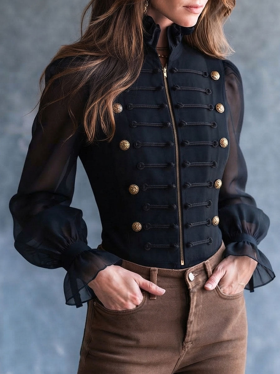 Camicia corta retrò nera con volant – dettaglio 3
