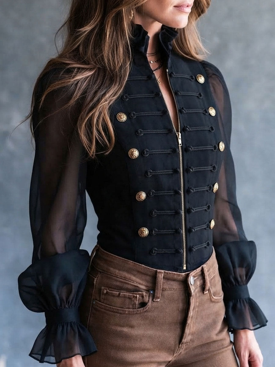 Camicia corta retrò nera con volant – dettaglio 4
