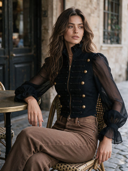 Camicia corta retrò nera con volant – dettaglio 1