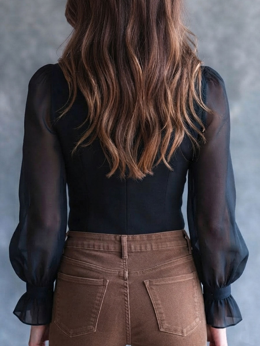 Camicia corta retrò nera con volant – dettaglio 5