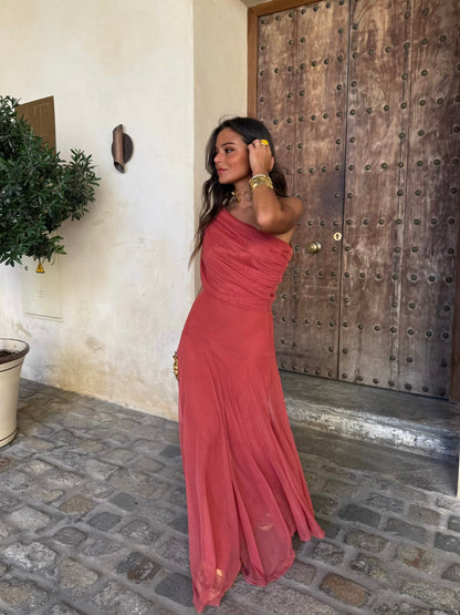 Abito lungo terracotta con scollo bardot – foto 6