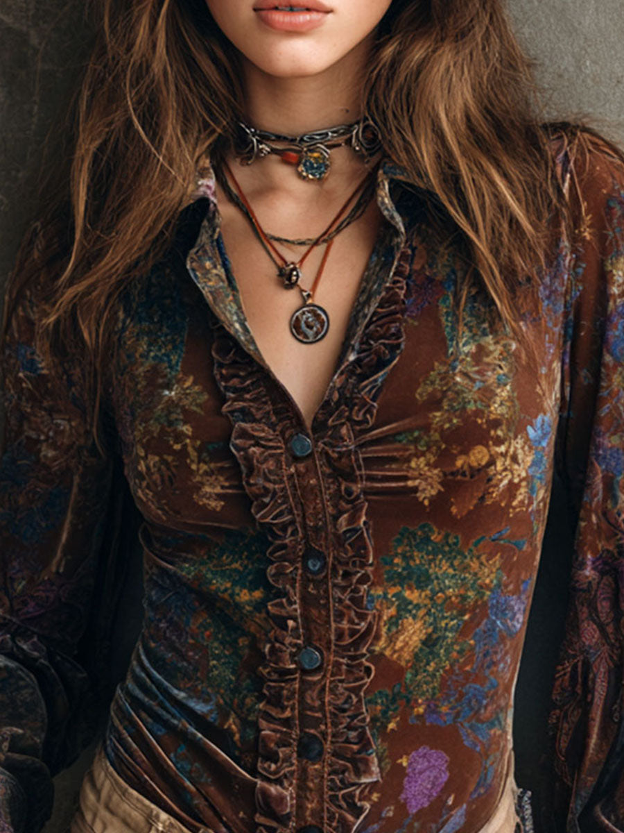 Camicetta boho in velluto marrone a fiori – dettaglio 5