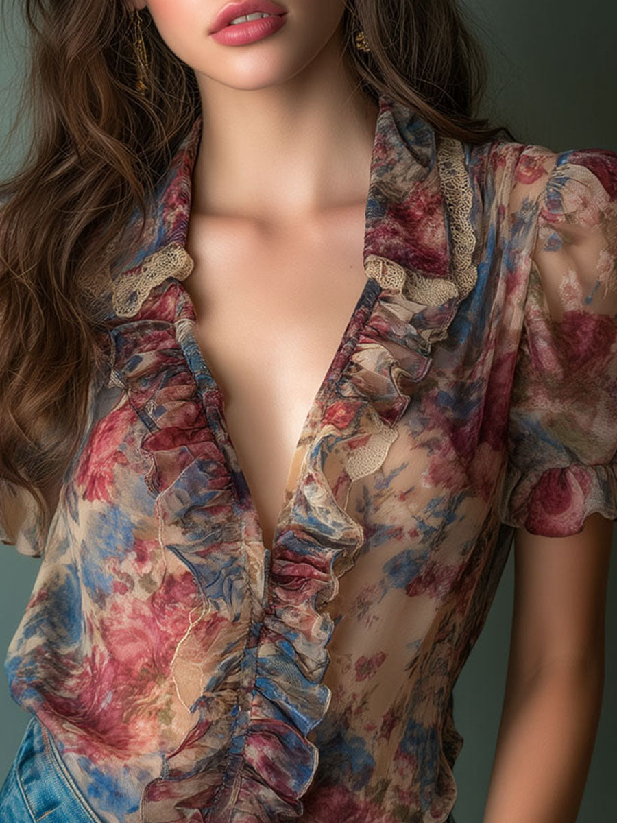 Blusa vintage floreale color albicocca – dettaglio 5