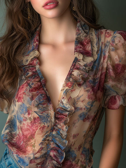 Blusa vintage floreale color albicocca – dettaglio 5