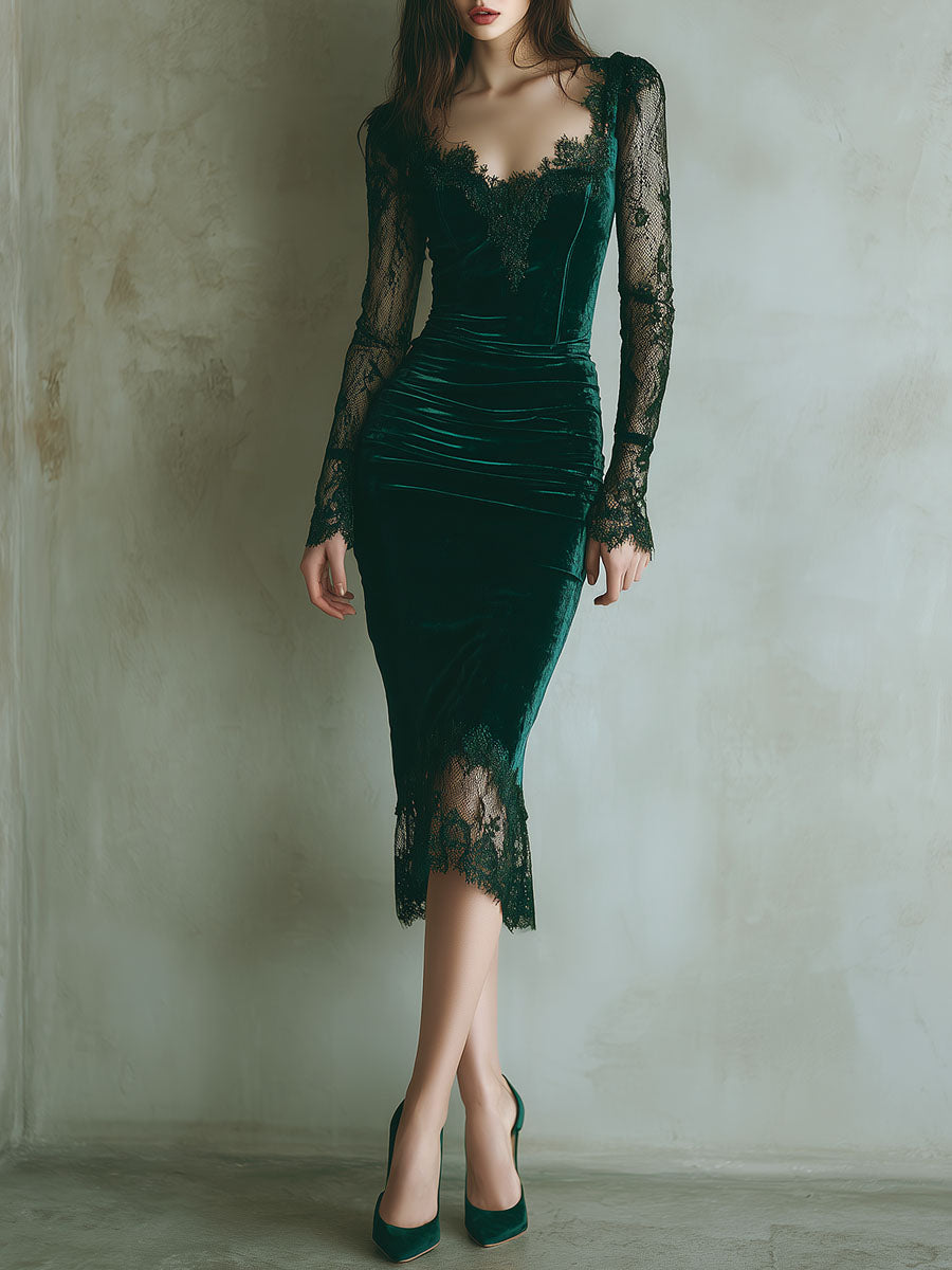 Vestito midi verde in velluto – vista frontale
