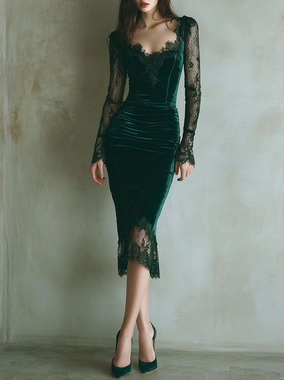 Vestito midi verde in velluto – vista frontale
