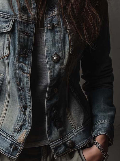 Giacca di jeans delavé blu – dettaglio del tessuto