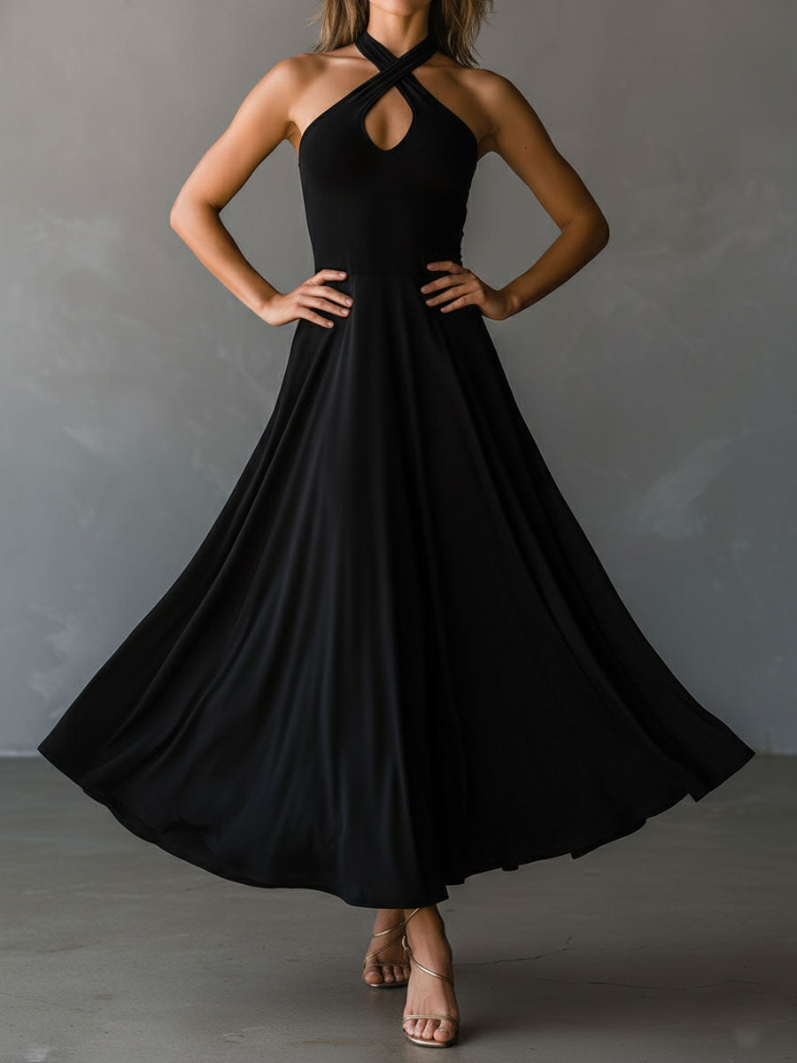 Vestito midi nero halter – look completo
