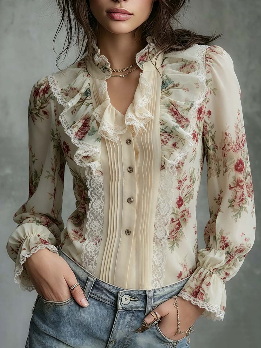 Camicetta vintage giallo chiaro con pizzo floreale – vista frontale