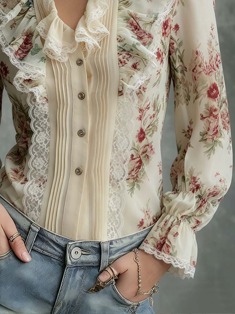 Camicetta vintage giallo chiaro con pizzo floreale – dettaglio