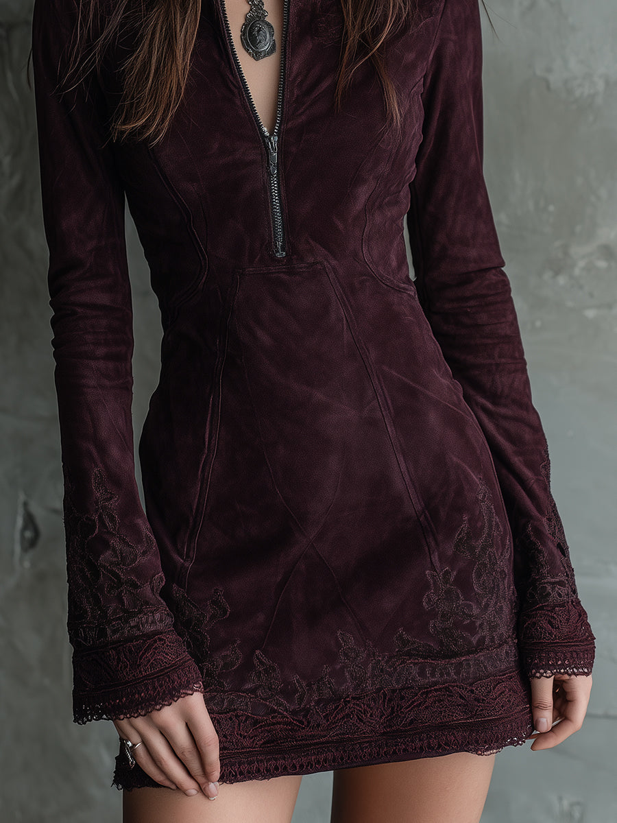 Vestito mini bordeaux in microcamoscio – dettaglio 6