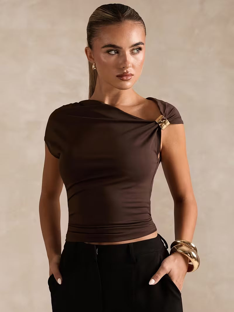 Top asimmetrico Aurea marrone – vista frontale