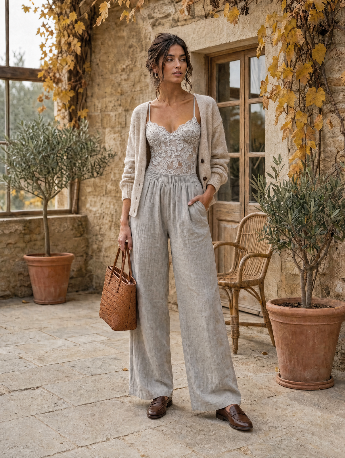 Tuta palazzo grigio chiaro in pizzo – look completo